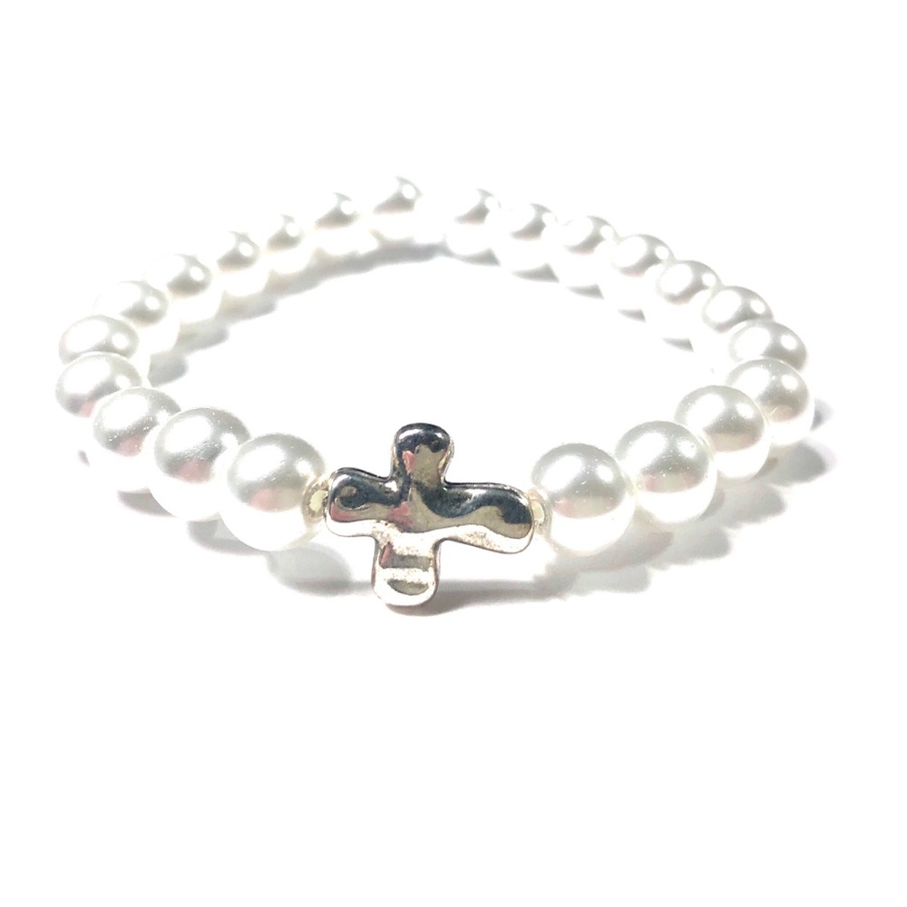 White Bead & Cross Stretch Bracelet Women Religious Gift Confirmation Wedding